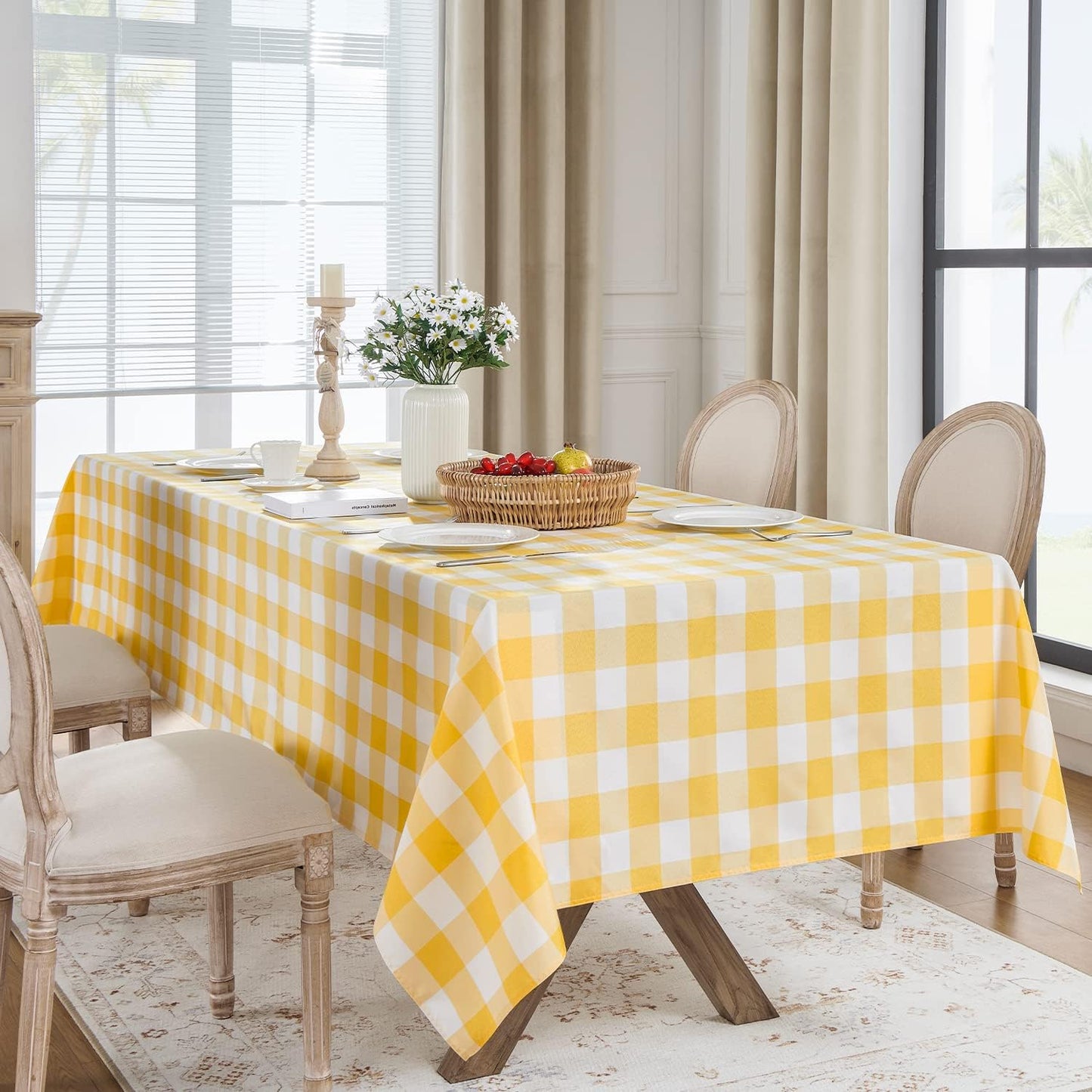 Gingham Checkered Tablecloth Rectangle - Outdoor Waterproof Buffalo Plaid Table Cloth, Stain Resistant Washable Table Cover for Picnic, Camping, Dining - Yellow and White, 54 x 78 Inch