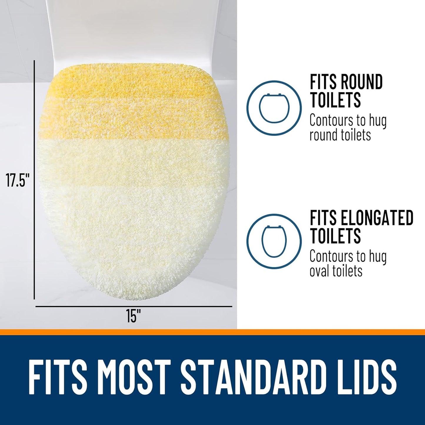 Soft Microfiber Bathroom Toilet Lid Cover, Machine Washable Covers, 17.5x15, Stays in Place Rubber Backing, Fits Most Round, Elongated and Oblong Lids, Accessories Decor, Yellow
