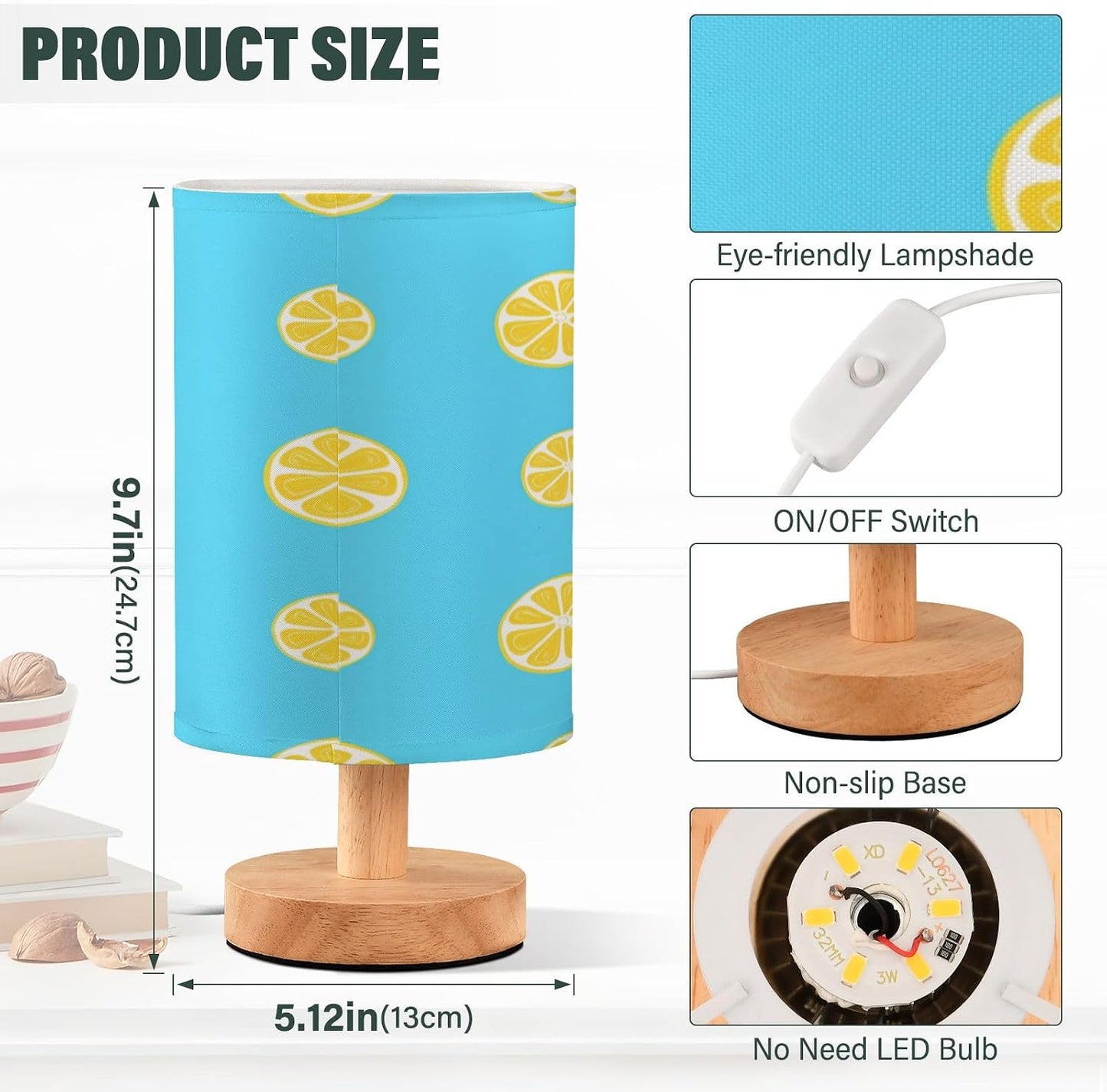Small Table Lamp, Yellow Lemon Slices Bedside Table Lamp with Fabric Shade - Nightstand Lamp for Bedrooms, Dorm, Living Room