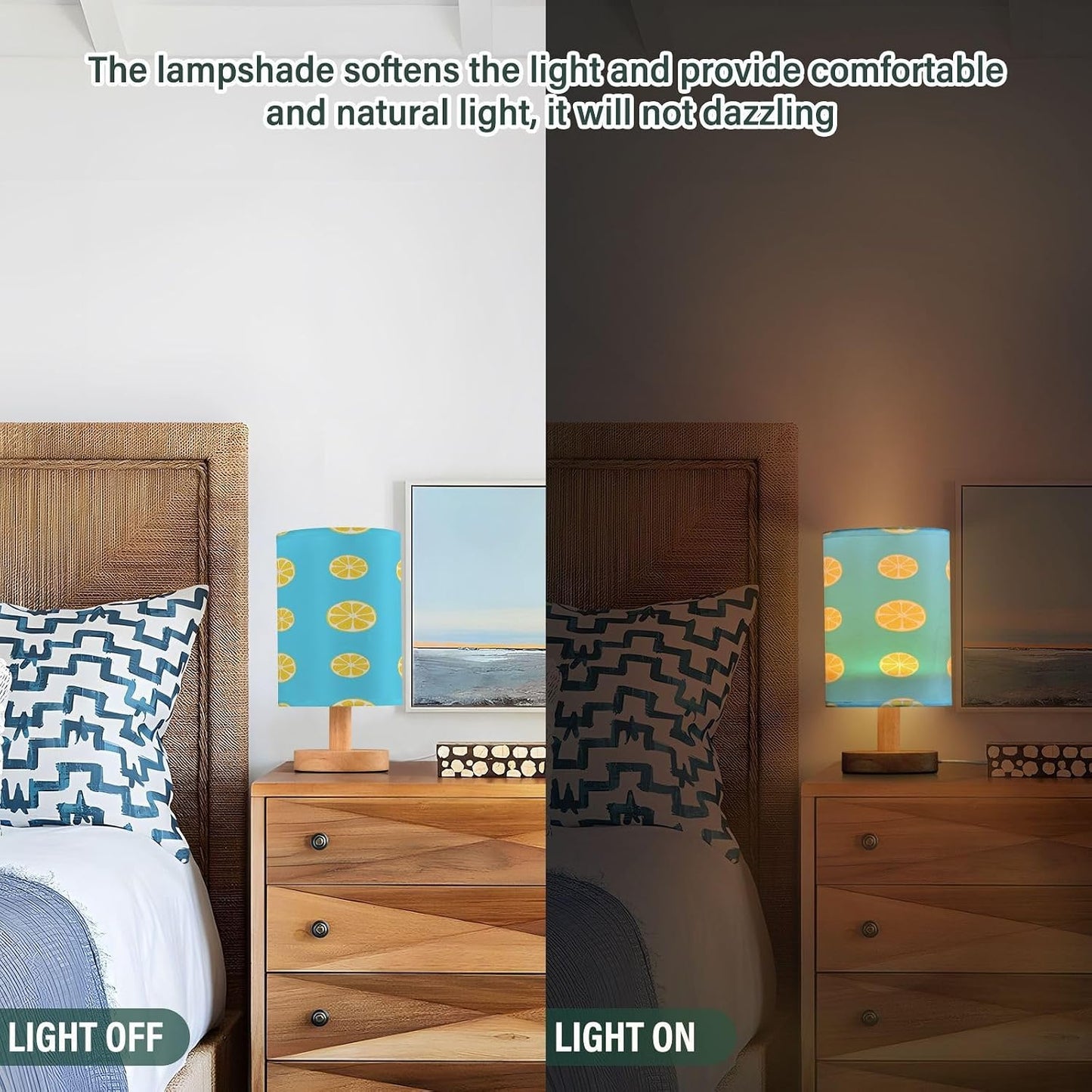 Small Table Lamp, Yellow Lemon Slices Bedside Table Lamp with Fabric Shade - Nightstand Lamp for Bedrooms, Dorm, Living Room