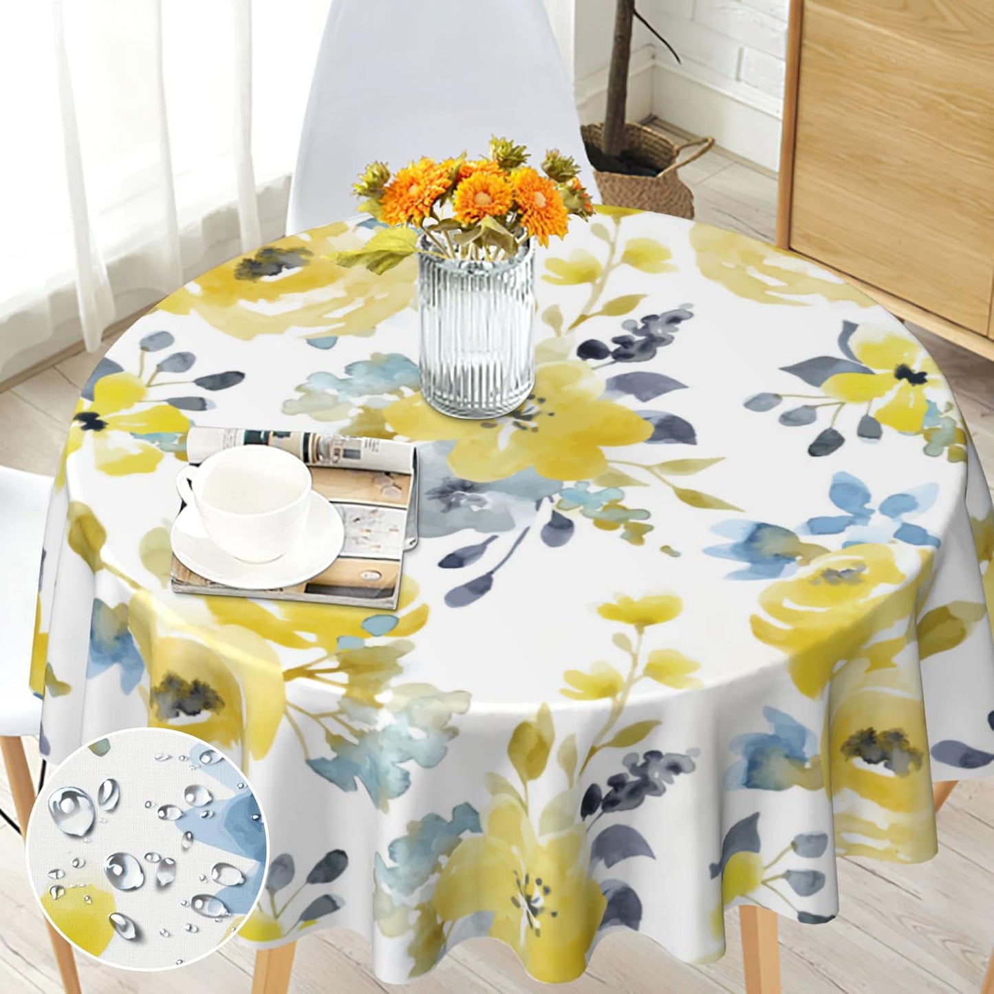 Round Tablecloth 60 inch Spring Floral, Waterproof, Stain Resistance | Washable Flower Circle Table Cloth Cover for Dining Kitchen Party Farmhouse Outdoor, Polyester, 2-4 Seats