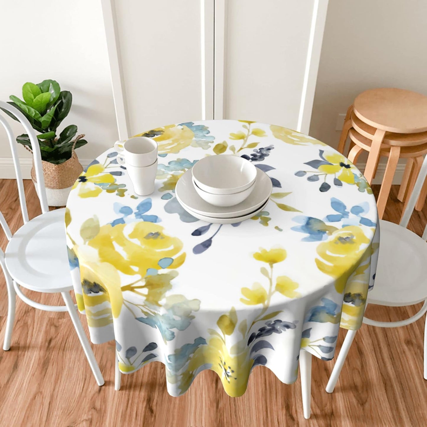 Round Tablecloth 60 inch Spring Floral, Waterproof, Stain Resistance | Washable Flower Circle Table Cloth Cover for Dining Kitchen Party Farmhouse Outdoor, Polyester, 2-4 Seats
