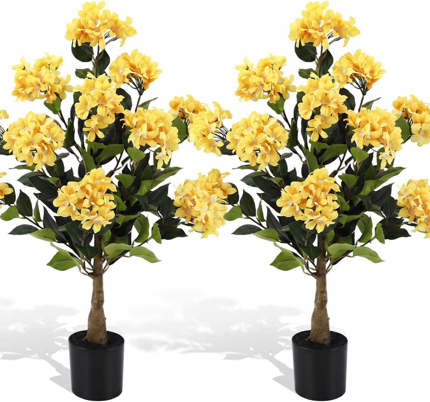 2 Pack Yellow 3ft Artificial Hydrangea Tree Faux Hydrangea Plant Indoor Outdoor Fake Flower Tree with Cement Base Pot Real to Touch Plant Decoration for Home Garden Housewarming Wedding