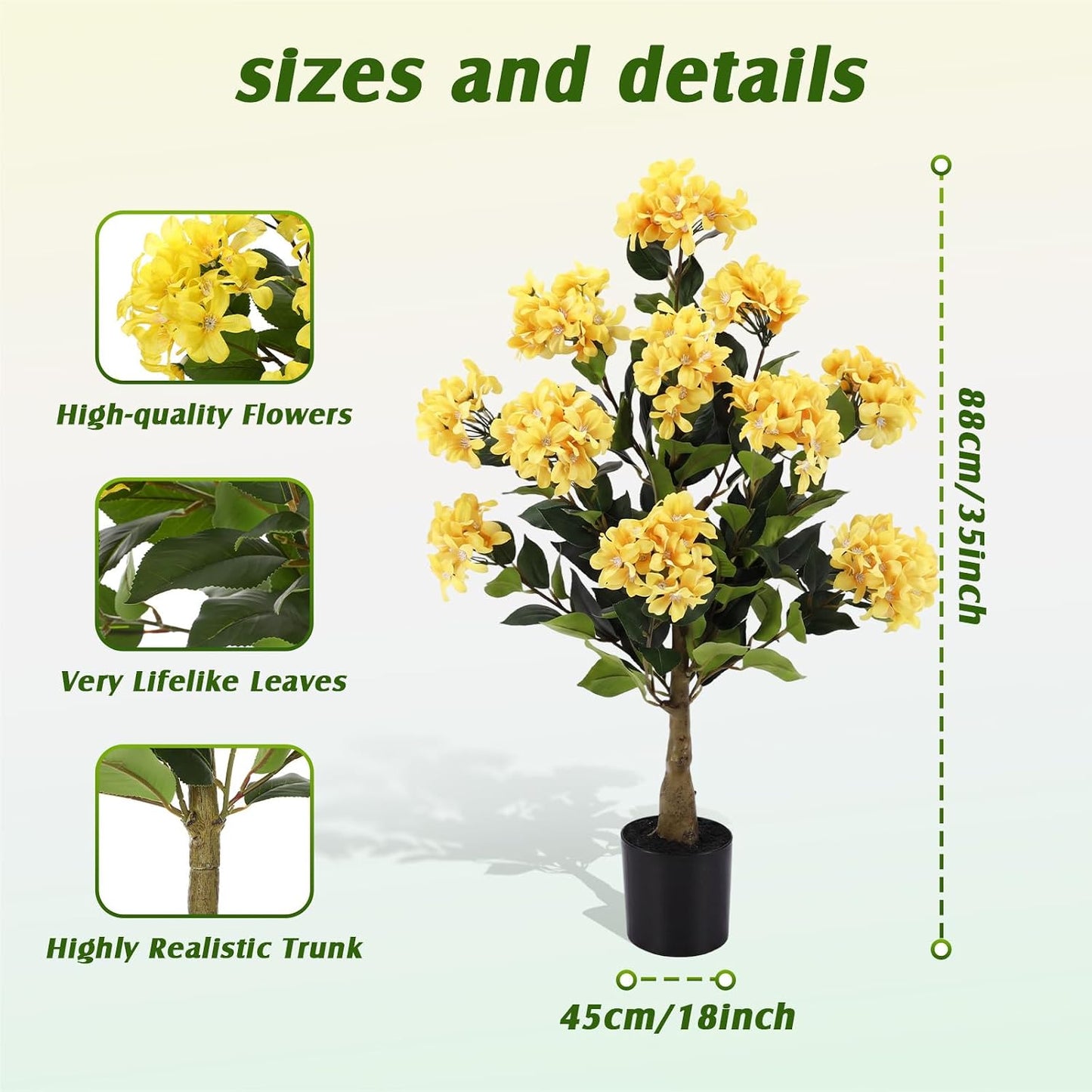 2 Pack Yellow 3ft Artificial Hydrangea Tree Faux Hydrangea Plant Indoor Outdoor Fake Flower Tree with Cement Base Pot Real to Touch Plant Decoration for Home Garden Housewarming Wedding