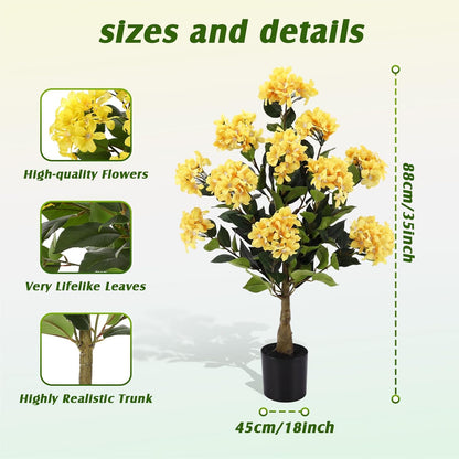 2 Pack Yellow 3ft Artificial Hydrangea Tree Faux Hydrangea Plant Indoor Outdoor Fake Flower Tree with Cement Base Pot Real to Touch Plant Decoration for Home Garden Housewarming Wedding