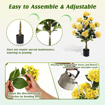 2 Pack Yellow 3ft Artificial Hydrangea Tree Faux Hydrangea Plant Indoor Outdoor Fake Flower Tree with Cement Base Pot Real to Touch Plant Decoration for Home Garden Housewarming Wedding