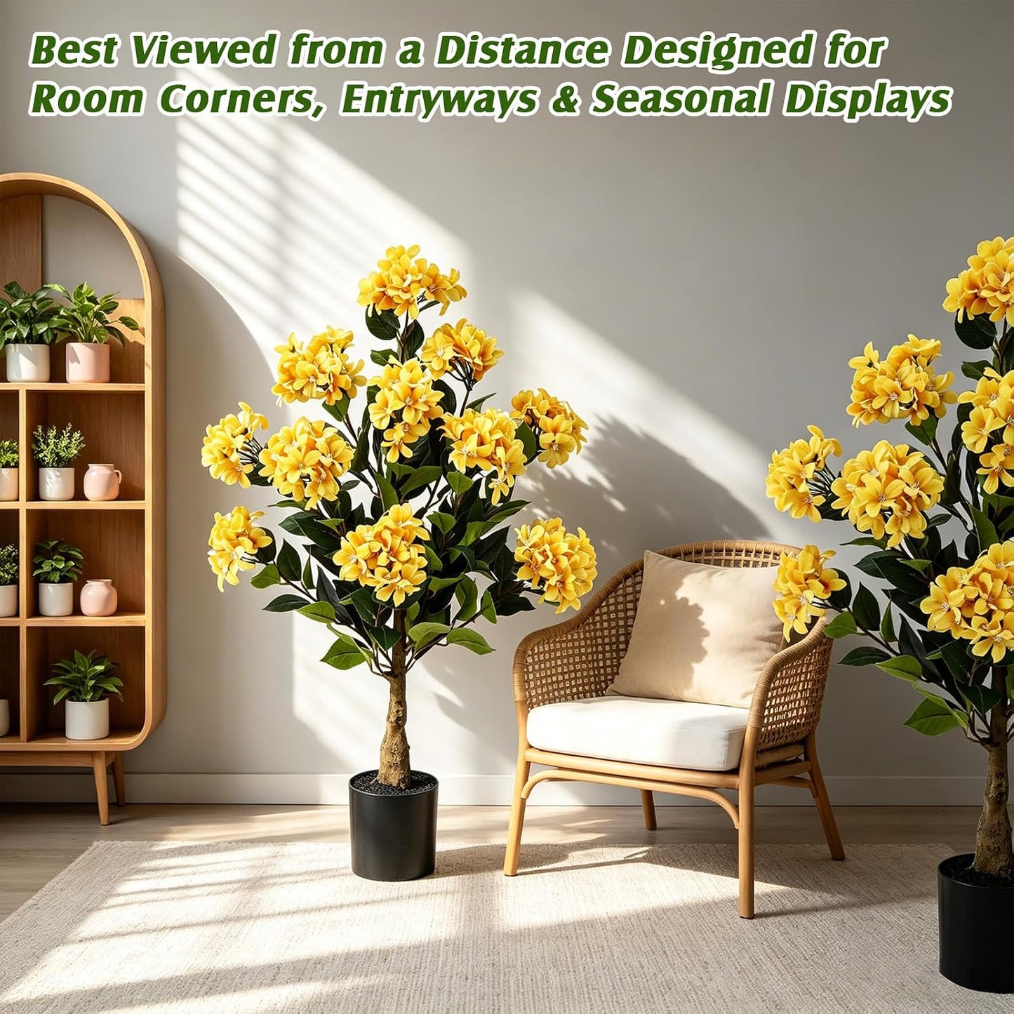 2 Pack Yellow 3ft Artificial Hydrangea Tree Faux Hydrangea Plant Indoor Outdoor Fake Flower Tree with Cement Base Pot Real to Touch Plant Decoration for Home Garden Housewarming Wedding