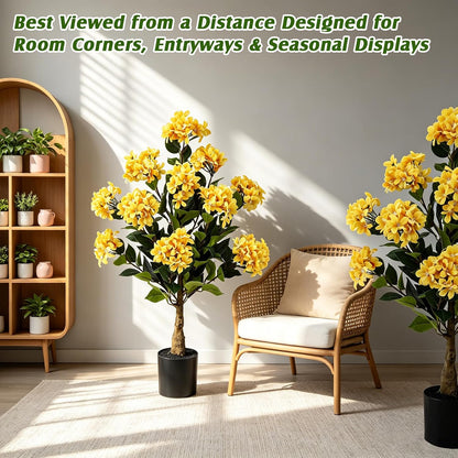 2 Pack Yellow 3ft Artificial Hydrangea Tree Faux Hydrangea Plant Indoor Outdoor Fake Flower Tree with Cement Base Pot Real to Touch Plant Decoration for Home Garden Housewarming Wedding