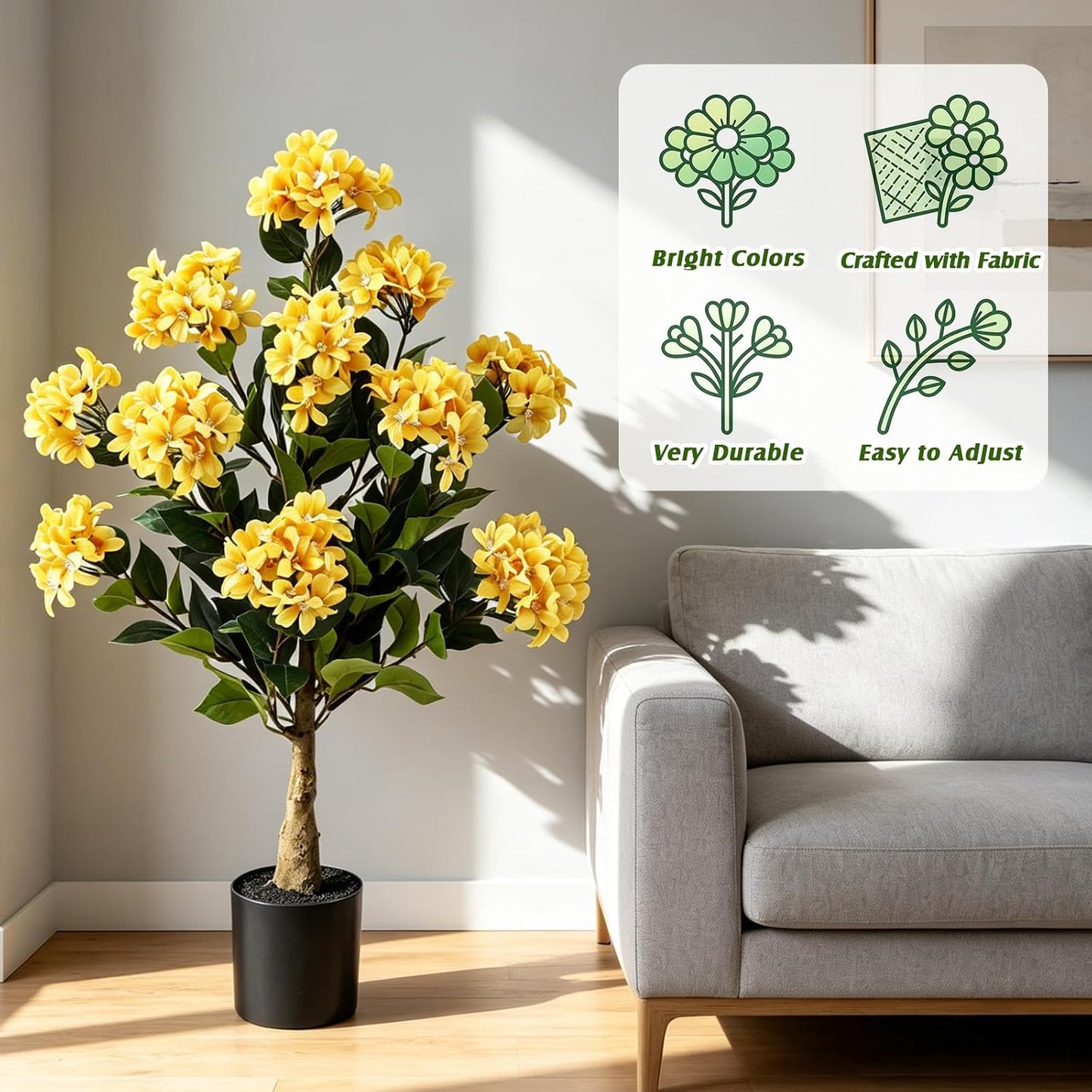 2 Pack Yellow 3ft Artificial Hydrangea Tree Faux Hydrangea Plant Indoor Outdoor Fake Flower Tree with Cement Base Pot Real to Touch Plant Decoration for Home Garden Housewarming Wedding