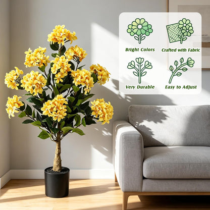 2 Pack Yellow 3ft Artificial Hydrangea Tree Faux Hydrangea Plant Indoor Outdoor Fake Flower Tree with Cement Base Pot Real to Touch Plant Decoration for Home Garden Housewarming Wedding
