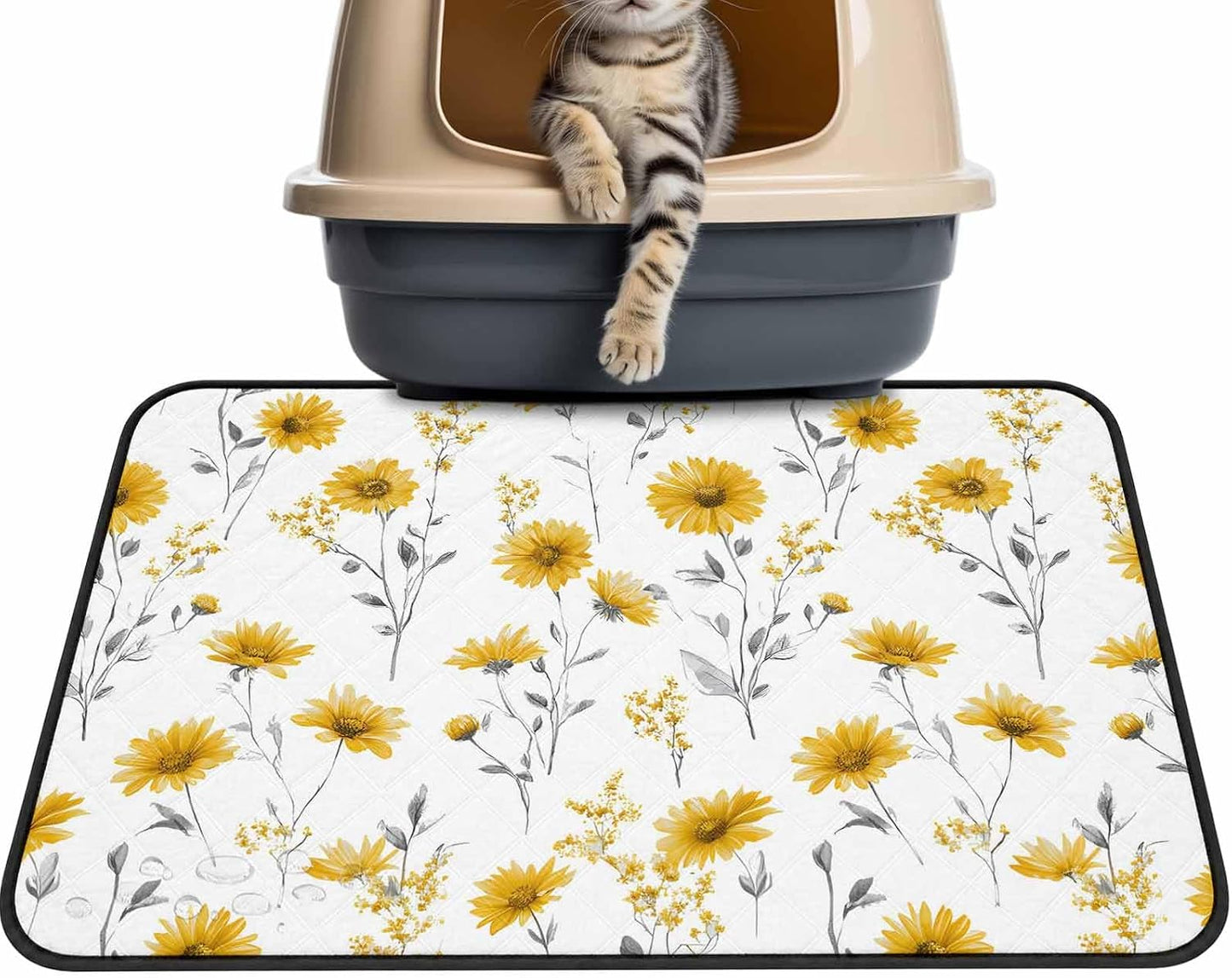 Floral Cat Litter Mat 36x24, Yellow Flower Spring Kitty Litter Box mat for Cat Machine Washable Easy Clean Soft Non-Slip Pet Food Mats for Floor Rug