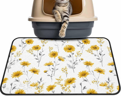 Floral Cat Litter Mat 36x24, Yellow Flower Spring Kitty Litter Box mat for Cat Machine Washable Easy Clean Soft Non-Slip Pet Food Mats for Floor Rug