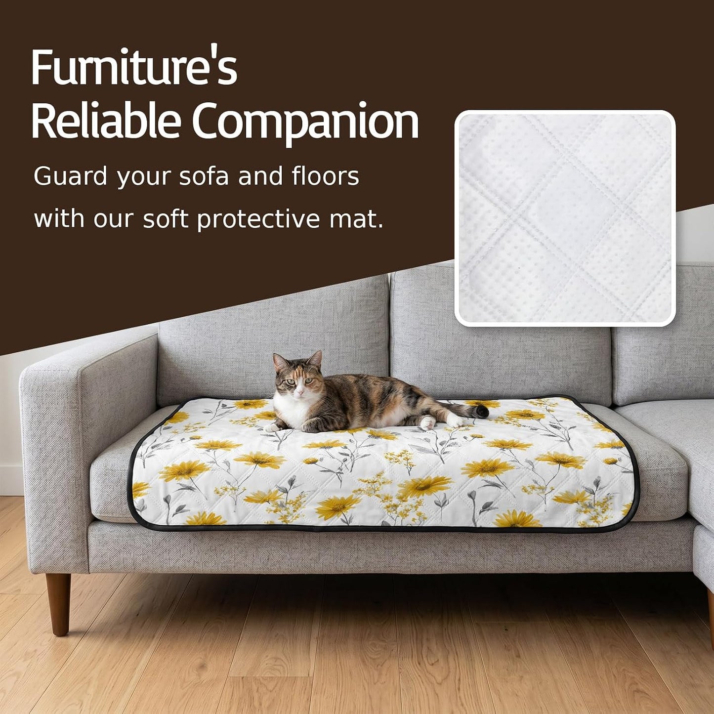 Floral Cat Litter Mat 36x24, Yellow Flower Spring Kitty Litter Box mat for Cat Machine Washable Easy Clean Soft Non-Slip Pet Food Mats for Floor Rug