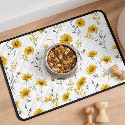 Floral Cat Litter Mat 36x24, Yellow Flower Spring Kitty Litter Box mat for Cat Machine Washable Easy Clean Soft Non-Slip Pet Food Mats for Floor Rug