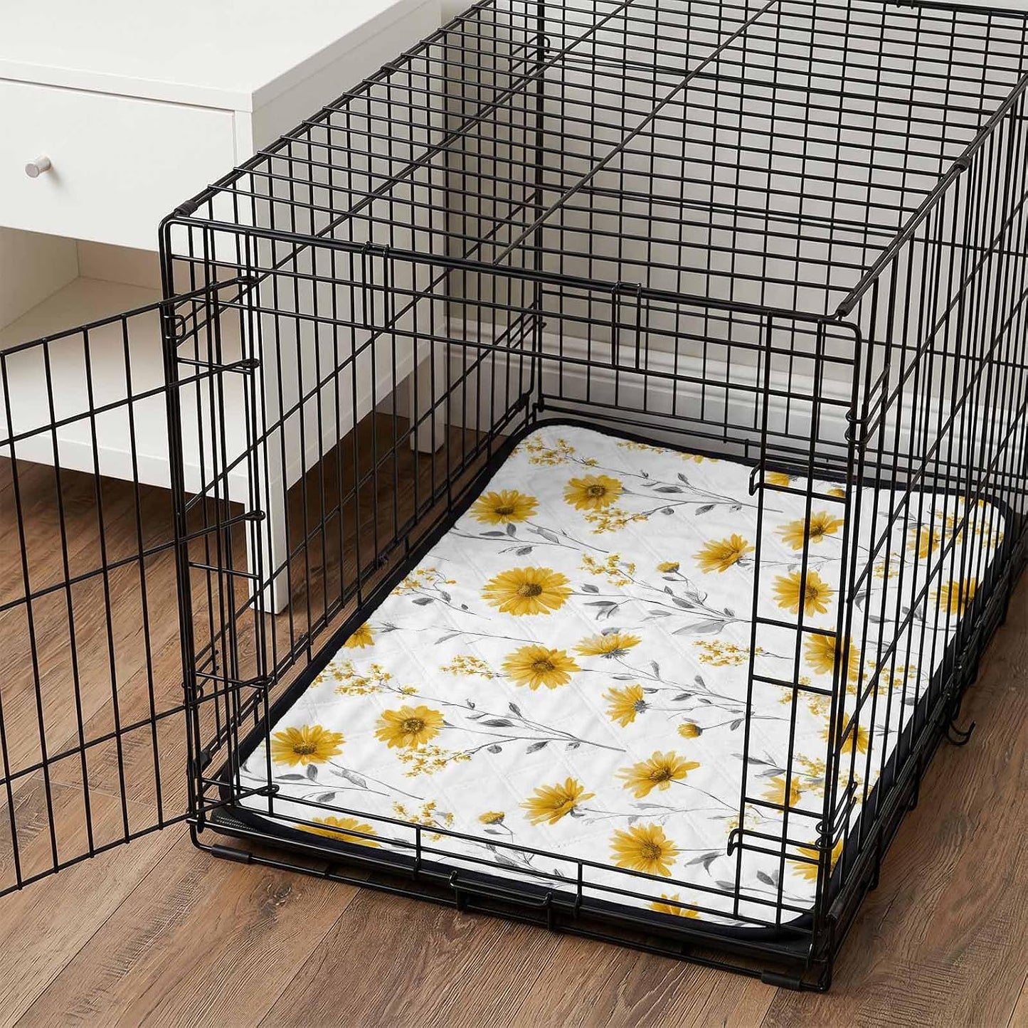 Floral Cat Litter Mat 36x24, Yellow Flower Spring Kitty Litter Box mat for Cat Machine Washable Easy Clean Soft Non-Slip Pet Food Mats for Floor Rug