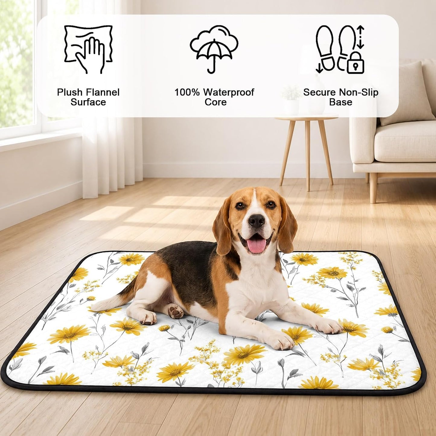Floral Cat Litter Mat 36x24, Yellow Flower Spring Kitty Litter Box mat for Cat Machine Washable Easy Clean Soft Non-Slip Pet Food Mats for Floor Rug