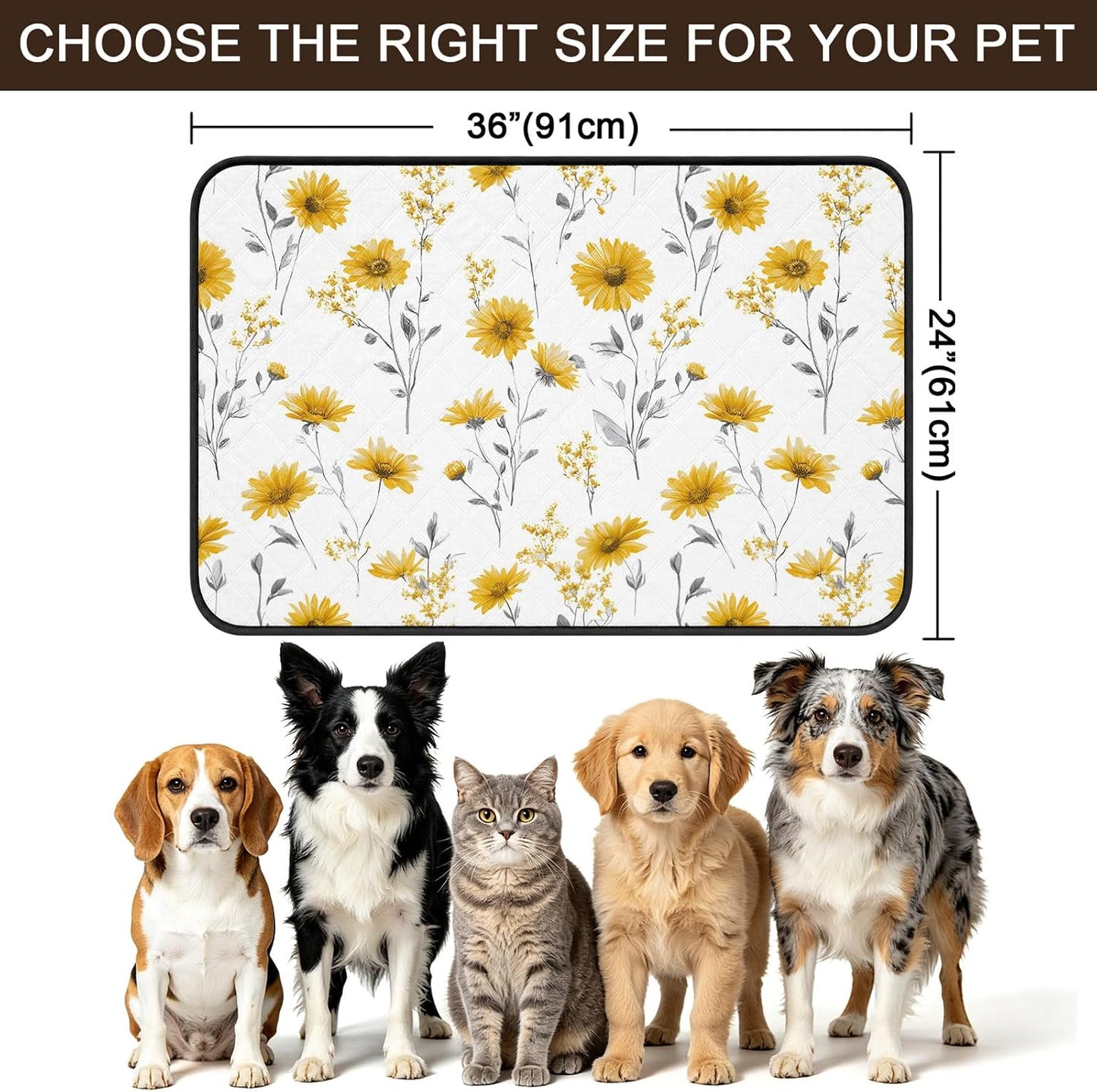 Floral Cat Litter Mat 36x24, Yellow Flower Spring Kitty Litter Box mat for Cat Machine Washable Easy Clean Soft Non-Slip Pet Food Mats for Floor Rug