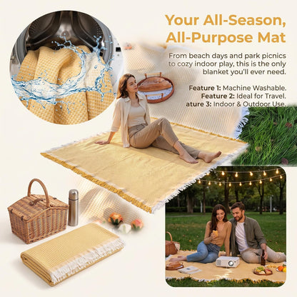 70"x 70" Picnic Blanket Extra Large,Layer Outdoor Blanket for 5 to 7 Adults,Camping Grass Lawn Park Accessories Cute Couple Gifts Ideas Wedding Registry for Park, Beach (Yellow)