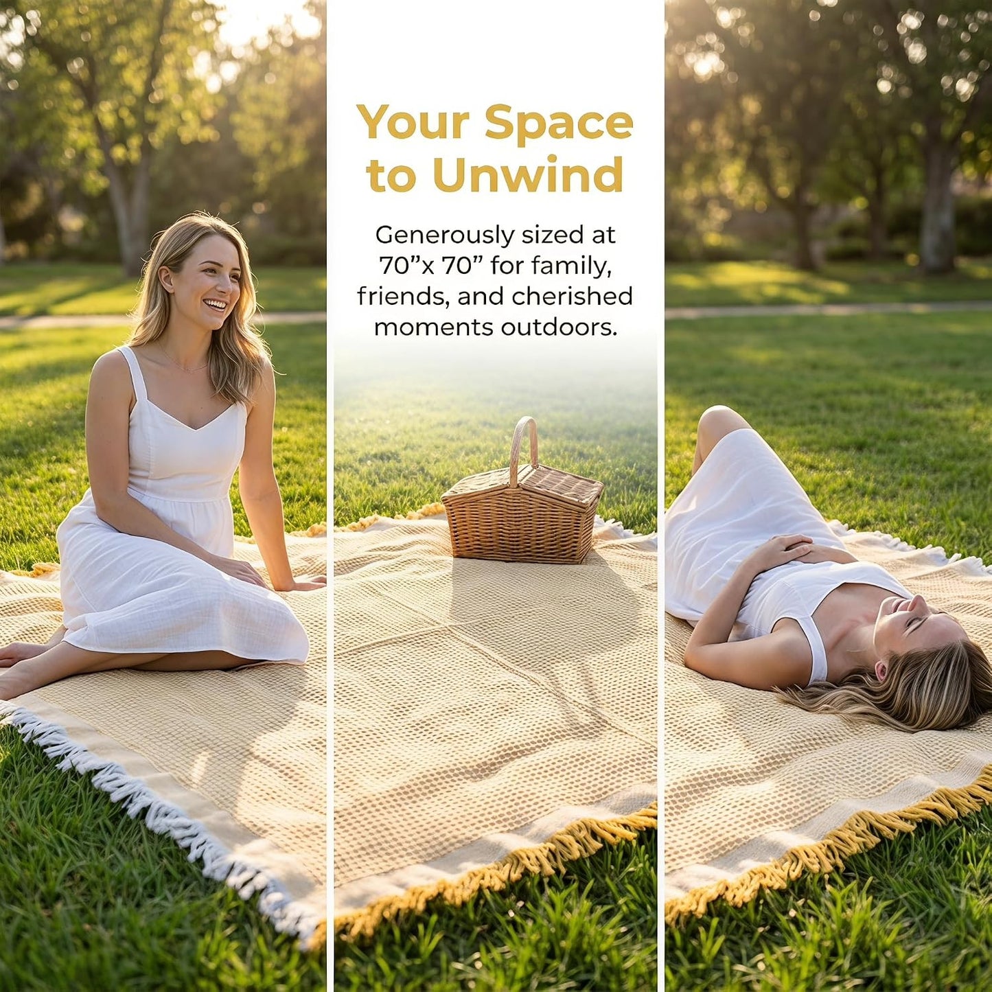 70"x 70" Picnic Blanket Extra Large,Layer Outdoor Blanket for 5 to 7 Adults,Camping Grass Lawn Park Accessories Cute Couple Gifts Ideas Wedding Registry for Park, Beach (Yellow)