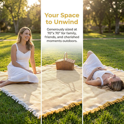 70"x 70" Picnic Blanket Extra Large,Layer Outdoor Blanket for 5 to 7 Adults,Camping Grass Lawn Park Accessories Cute Couple Gifts Ideas Wedding Registry for Park, Beach (Yellow)
