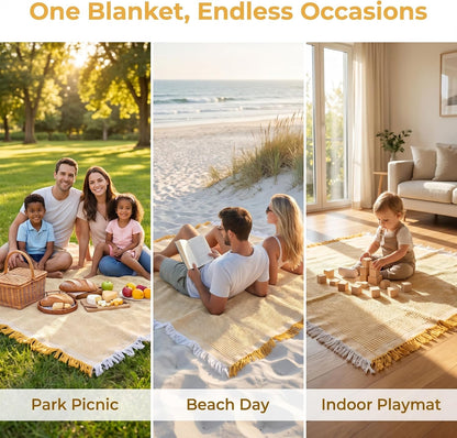 70"x 70" Picnic Blanket Extra Large,Layer Outdoor Blanket for 5 to 7 Adults,Camping Grass Lawn Park Accessories Cute Couple Gifts Ideas Wedding Registry for Park, Beach (Yellow)