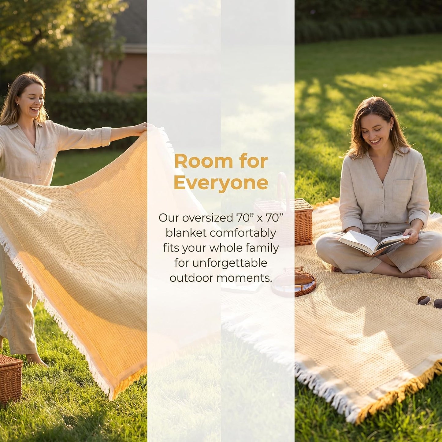 70"x 70" Picnic Blanket Extra Large,Layer Outdoor Blanket for 5 to 7 Adults,Camping Grass Lawn Park Accessories Cute Couple Gifts Ideas Wedding Registry for Park, Beach (Yellow)