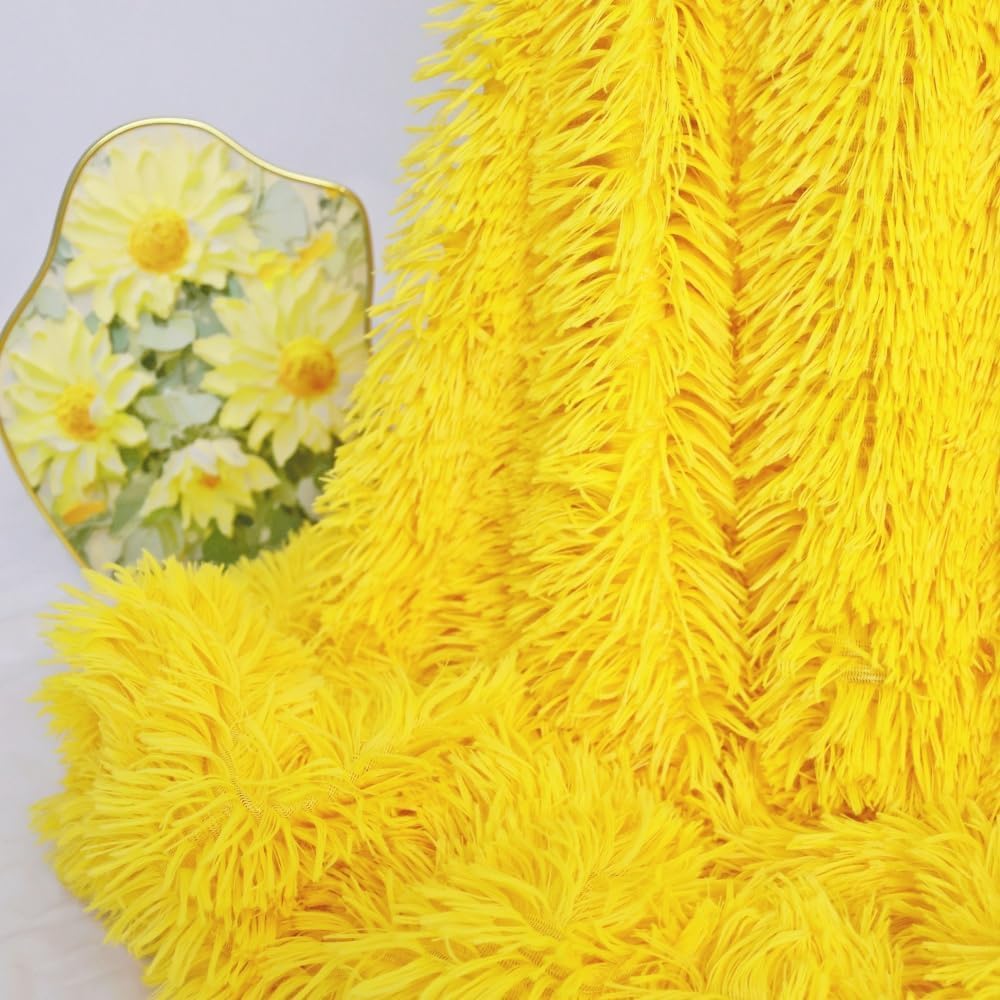 Luxury Shaggy Throw Blanket, Long Pile Plush, Bright Yellow, Soft Decorative Throw for Couch Bed,Gift for Women (63"x79",Bright Yellow)