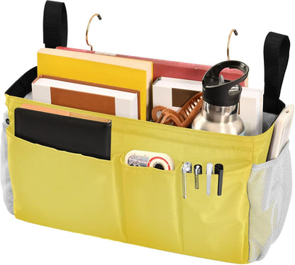 Yellow Bedside Caddy Hanging Storage Organizer Bag with 2 Straps & Hooks for Bunk Beds, College Dorm, Hospital Bed - Holder for Books, Phone, Magazine, Glasses, Keys