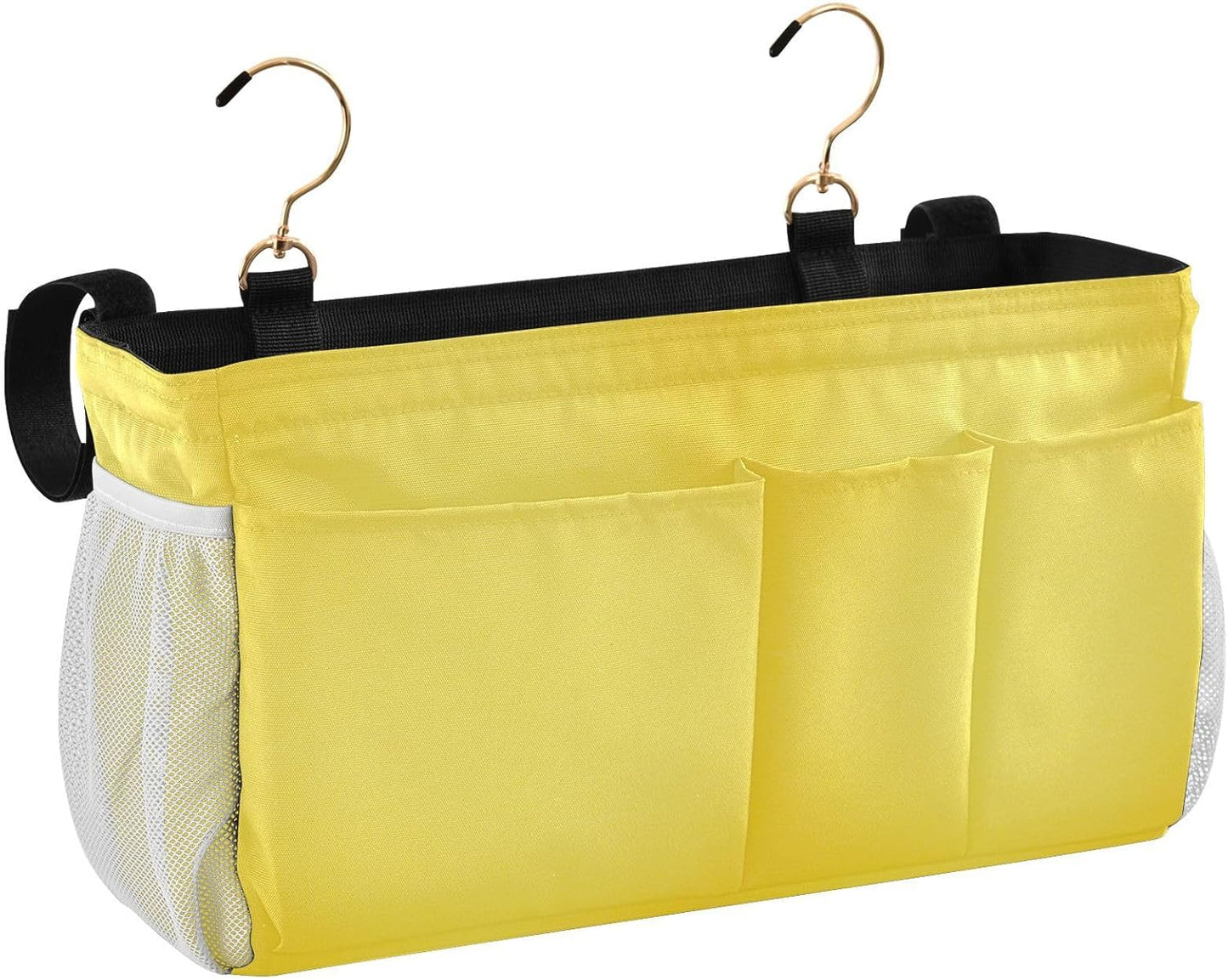 Yellow Bedside Caddy Hanging Storage Organizer Bag with 2 Straps & Hooks for Bunk Beds, College Dorm, Hospital Bed - Holder for Books, Phone, Magazine, Glasses, Keys