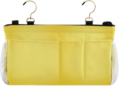 Yellow Bedside Caddy Hanging Storage Organizer Bag with 2 Straps & Hooks for Bunk Beds, College Dorm, Hospital Bed - Holder for Books, Phone, Magazine, Glasses, Keys