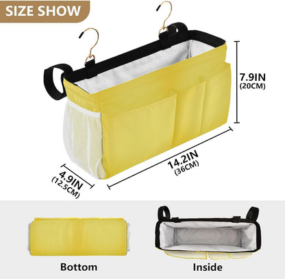 Yellow Bedside Caddy Hanging Storage Organizer Bag with 2 Straps & Hooks for Bunk Beds, College Dorm, Hospital Bed - Holder for Books, Phone, Magazine, Glasses, Keys