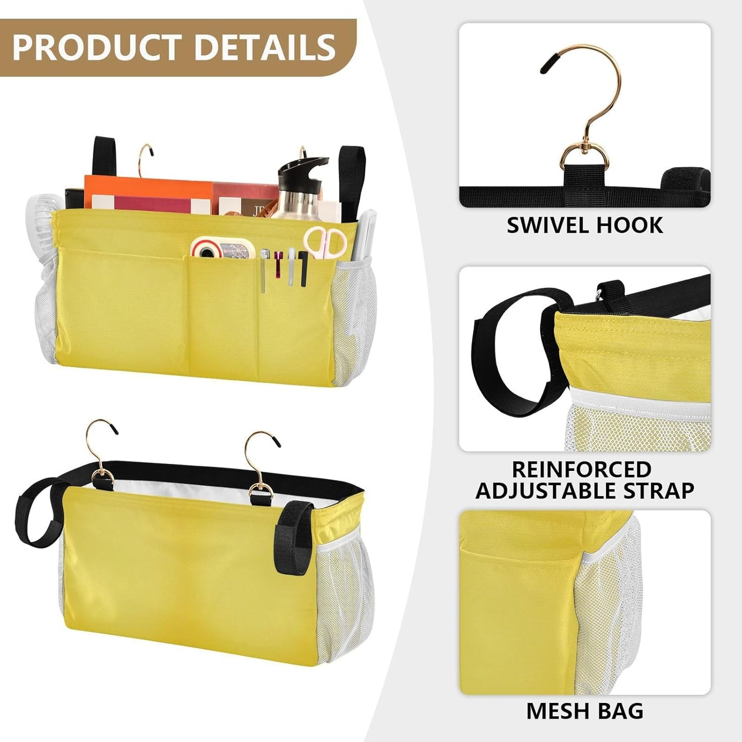 Yellow Bedside Caddy Hanging Storage Organizer Bag with 2 Straps & Hooks for Bunk Beds, College Dorm, Hospital Bed - Holder for Books, Phone, Magazine, Glasses, Keys