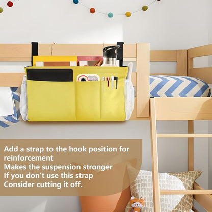 Yellow Bedside Caddy Hanging Storage Organizer Bag with 2 Straps & Hooks for Bunk Beds, College Dorm, Hospital Bed - Holder for Books, Phone, Magazine, Glasses, Keys