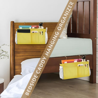 Yellow Bedside Caddy Hanging Storage Organizer Bag with 2 Straps & Hooks for Bunk Beds, College Dorm, Hospital Bed - Holder for Books, Phone, Magazine, Glasses, Keys