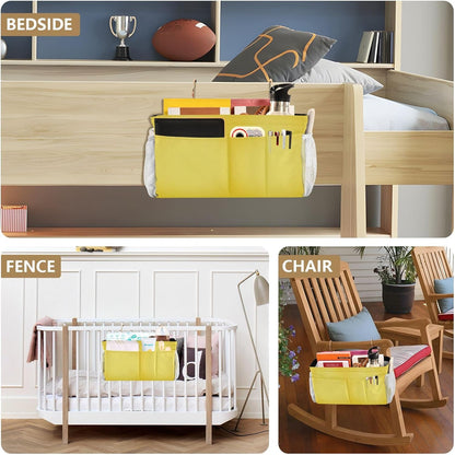 Yellow Bedside Caddy Hanging Storage Organizer Bag with 2 Straps & Hooks for Bunk Beds, College Dorm, Hospital Bed - Holder for Books, Phone, Magazine, Glasses, Keys