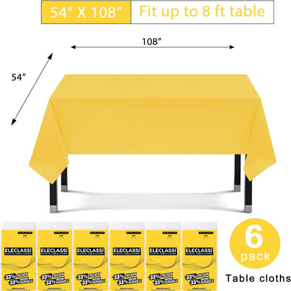 Yellow 6 Pack Premium Disposable Plastic Tablecloth 54 x 108 in - Plastic Table Cloth Disposable Tablecloth for Rectangle Table Up to 8 Feet