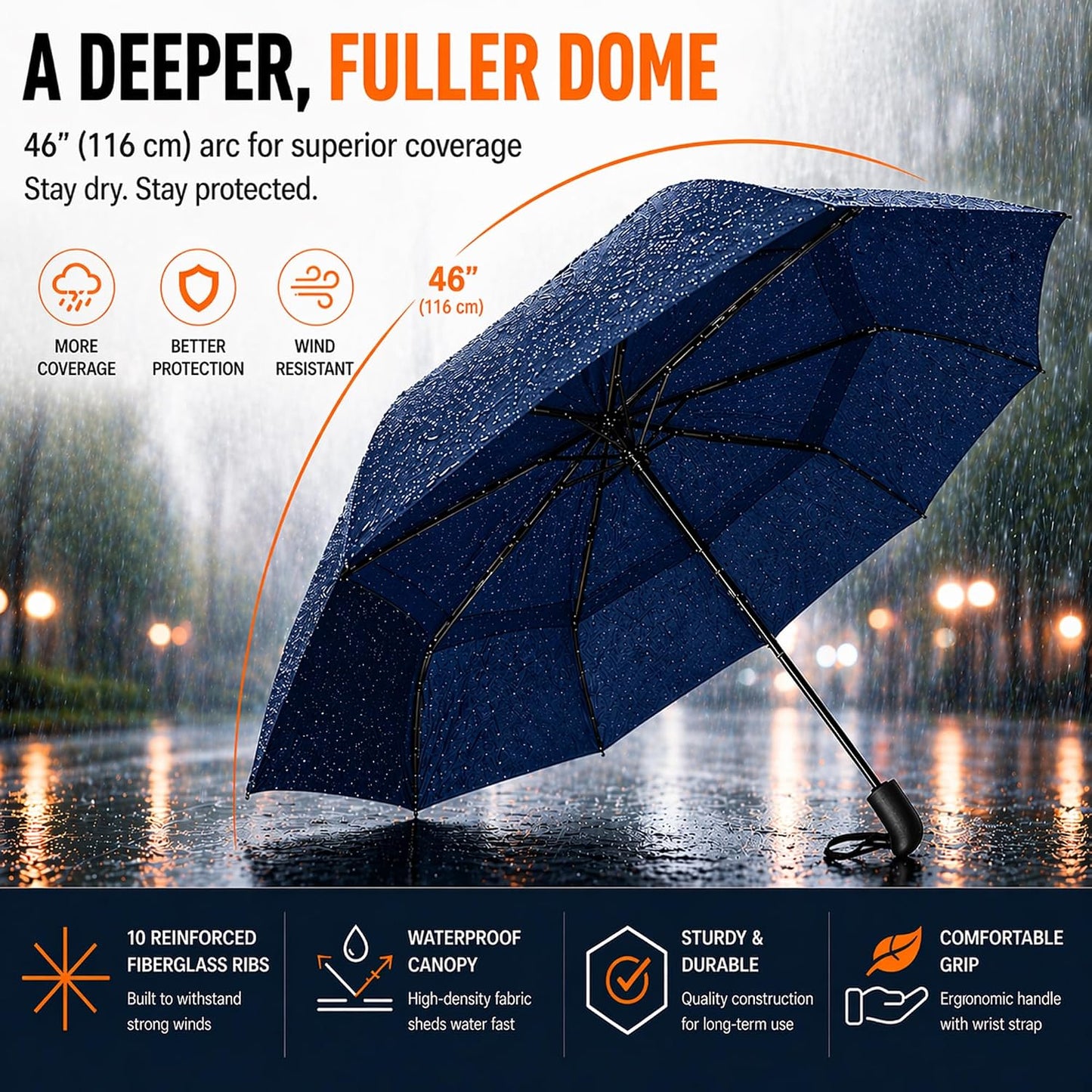 Compact Travel Umbrella, Portable Windproof Umbrella for Rain | Deep Dome Cover, Lightweight, Automatic Open/Close, Fits in Car & Backpack