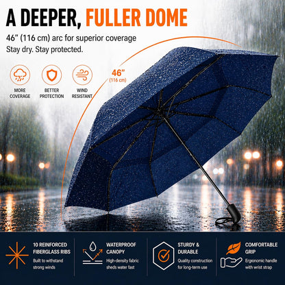 Compact Travel Umbrella, Portable Windproof Umbrella for Rain | Deep Dome Cover, Lightweight, Automatic Open/Close, Fits in Car & Backpack