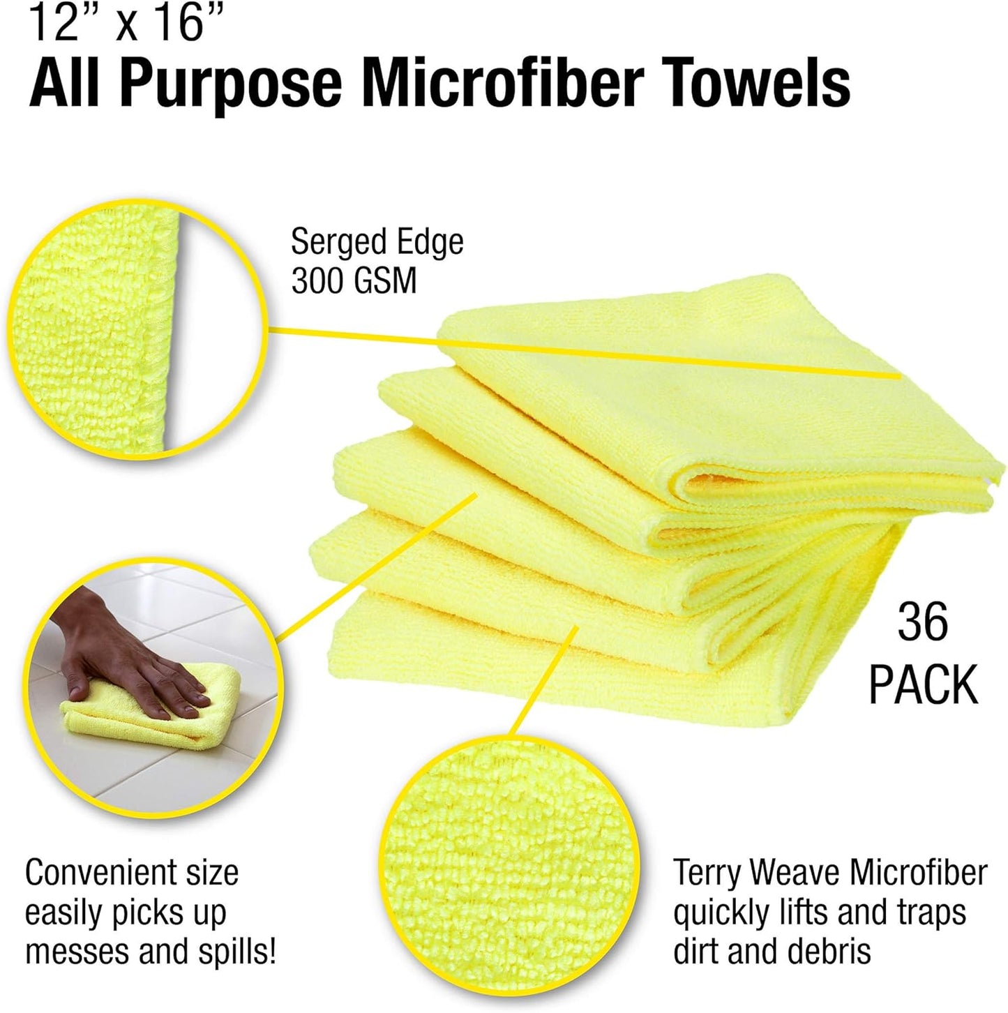 300 GSM Microfiber Cleaning Cloths, Soft, Streak-Free, Lint-Free, Ultra Absorbent, Reusable Towels for Auto Detailing, Home Cleaning, Kitchen, Glass, Electronics, 12x16in, 36-Pack, Yellow