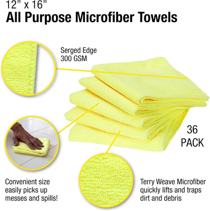 300 GSM Microfiber Cleaning Cloths, Soft, Streak-Free, Lint-Free, Ultra Absorbent, Reusable Towels for Auto Detailing, Home Cleaning, Kitchen, Glass, Electronics, 12x16in, 36-Pack, Yellow