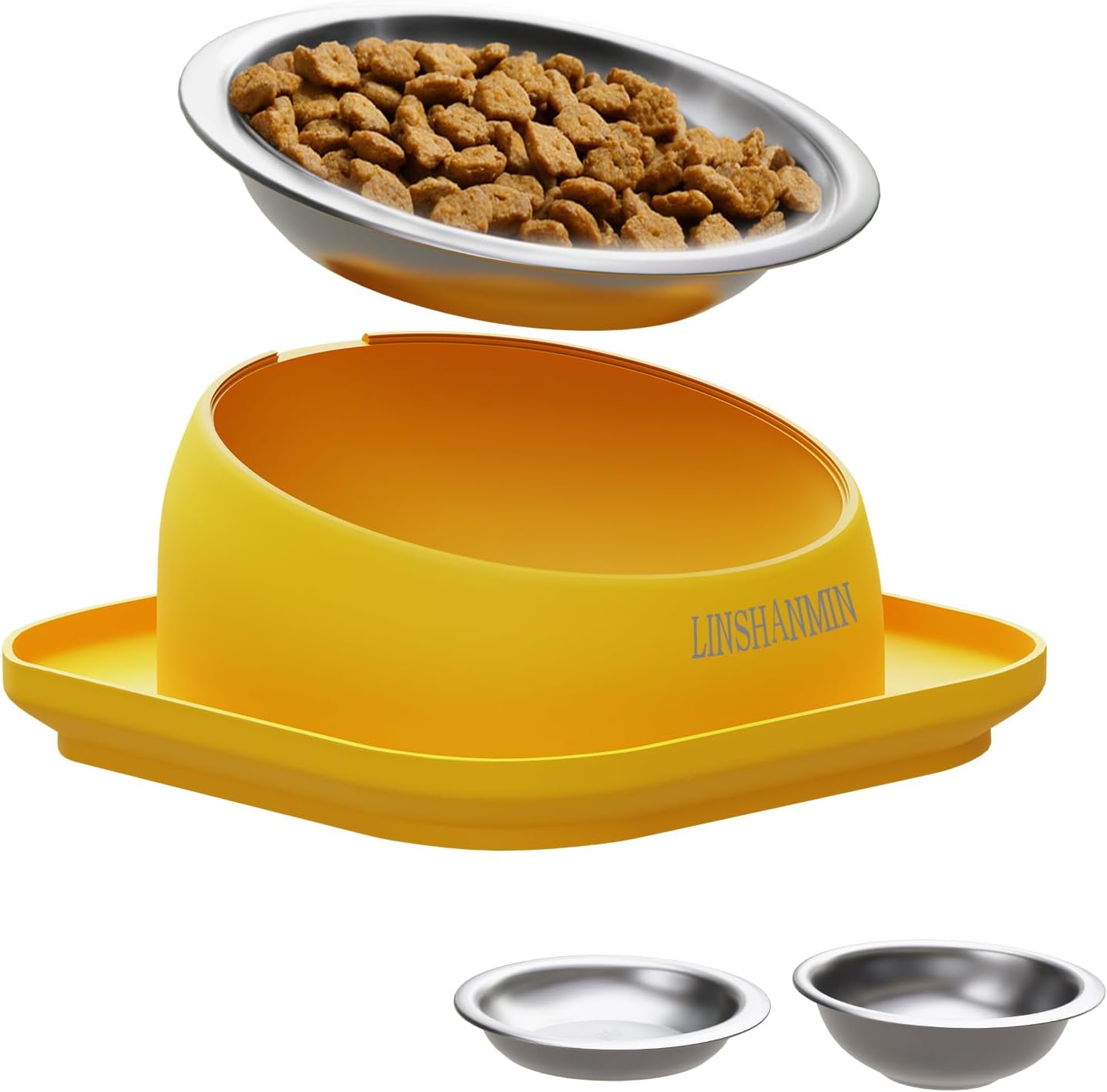Tilted Cat Food Bowls, Cat Feeding Dishes Whisker Friendly, Slanted Flat Plastic Feeder Elevated Angled Design, 3 in 1 Combined Food Bowls(Yellow)