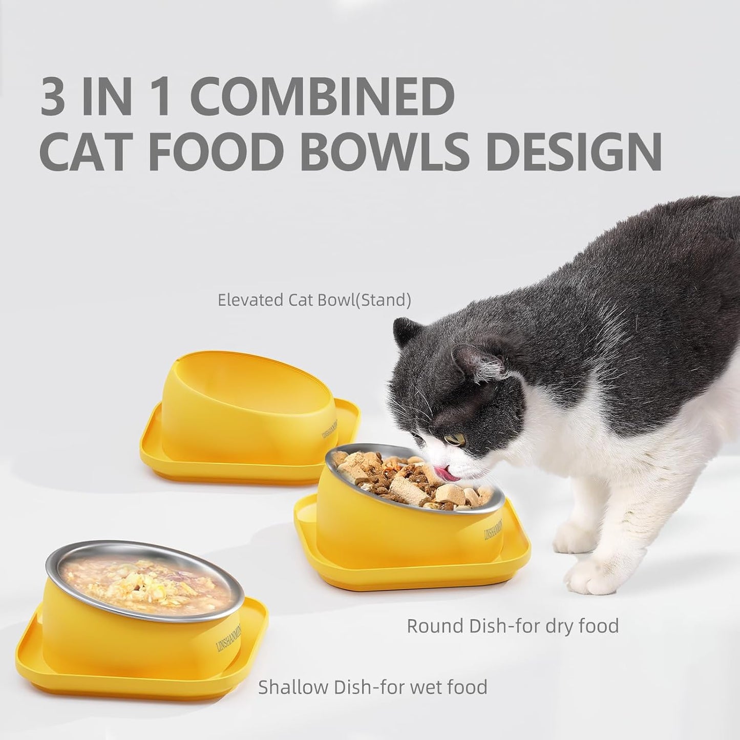 Tilted Cat Food Bowls, Cat Feeding Dishes Whisker Friendly, Slanted Flat Plastic Feeder Elevated Angled Design, 3 in 1 Combined Food Bowls(Yellow)