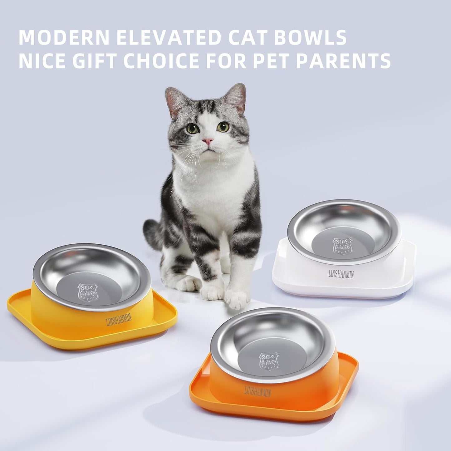 Tilted Cat Food Bowls, Cat Feeding Dishes Whisker Friendly, Slanted Flat Plastic Feeder Elevated Angled Design, 3 in 1 Combined Food Bowls(Yellow)