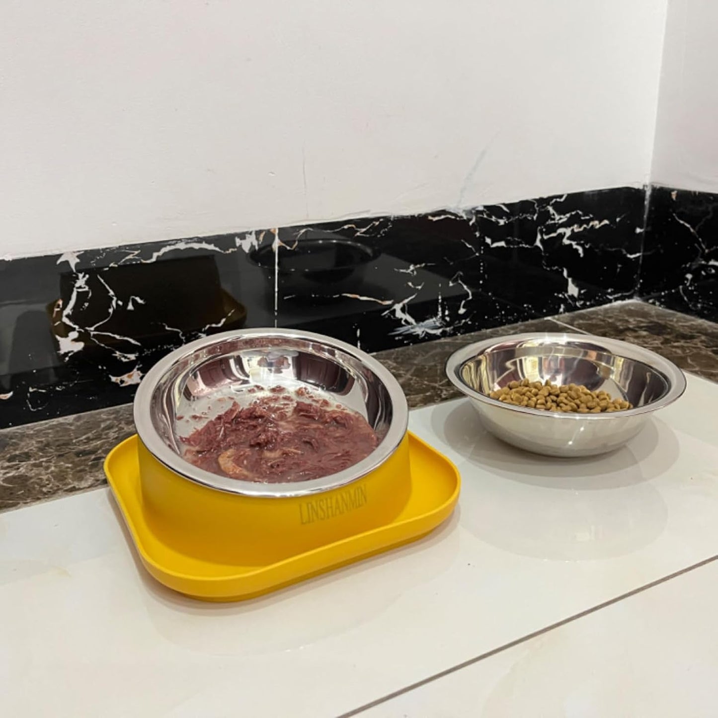 Tilted Cat Food Bowls, Cat Feeding Dishes Whisker Friendly, Slanted Flat Plastic Feeder Elevated Angled Design, 3 in 1 Combined Food Bowls(Yellow)