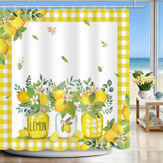 Lemon Shower Curtains for Bathroom, Summer Fruit Green Leaves Bathroom Decor, Waterproof Polyester Fabric Shower Curtain with Hooks 72x72 Inch