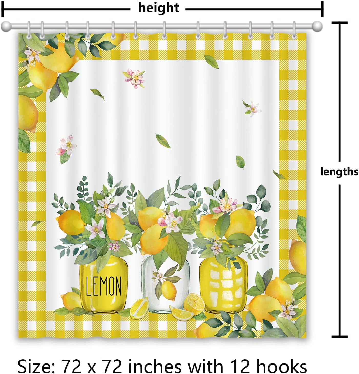 Lemon Shower Curtains for Bathroom, Summer Fruit Green Leaves Bathroom Decor, Waterproof Polyester Fabric Shower Curtain with Hooks 72x72 Inch