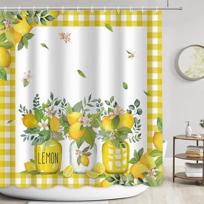 Lemon Shower Curtains for Bathroom, Summer Fruit Green Leaves Bathroom Decor, Waterproof Polyester Fabric Shower Curtain with Hooks 72x72 Inch