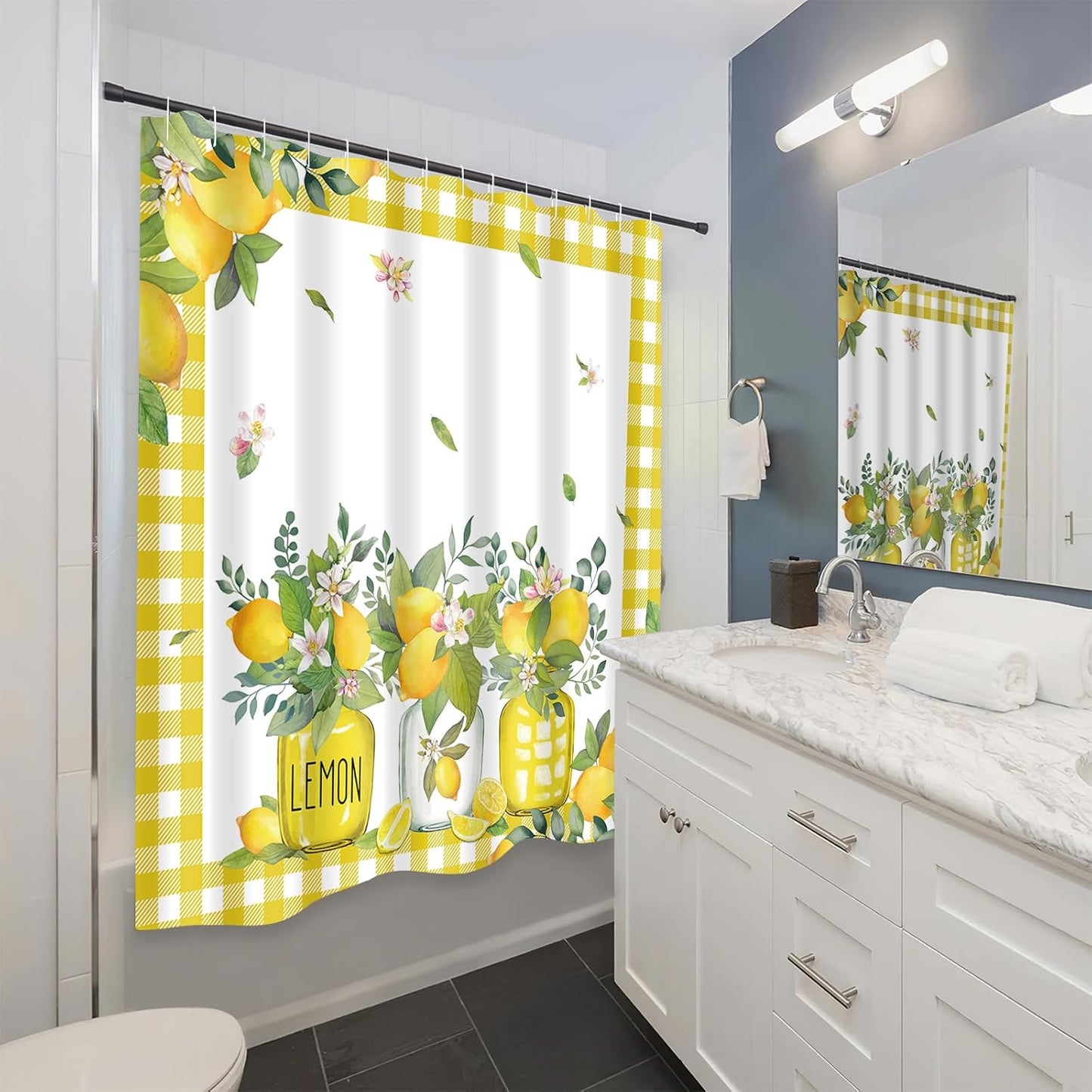 Lemon Shower Curtains for Bathroom, Summer Fruit Green Leaves Bathroom Decor, Waterproof Polyester Fabric Shower Curtain with Hooks 72x72 Inch