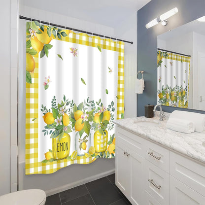 Lemon Shower Curtains for Bathroom, Summer Fruit Green Leaves Bathroom Decor, Waterproof Polyester Fabric Shower Curtain with Hooks 72x72 Inch