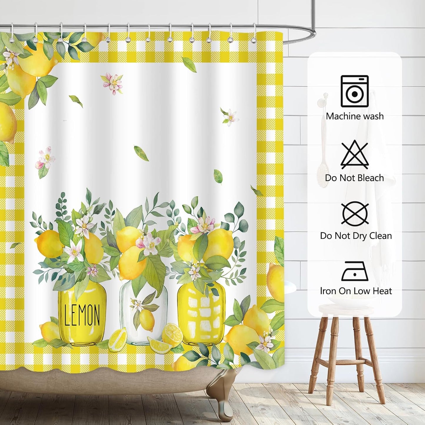 Lemon Shower Curtains for Bathroom, Summer Fruit Green Leaves Bathroom Decor, Waterproof Polyester Fabric Shower Curtain with Hooks 72x72 Inch